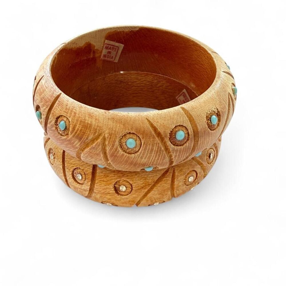 Vintage 70s Boho Carved Wood Bangle Set - Made in India - Picture 4 of 8